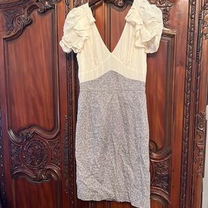 Rebecca Taylor Ivory Cream silk dress Gray linen with puff sleeves women’s 6